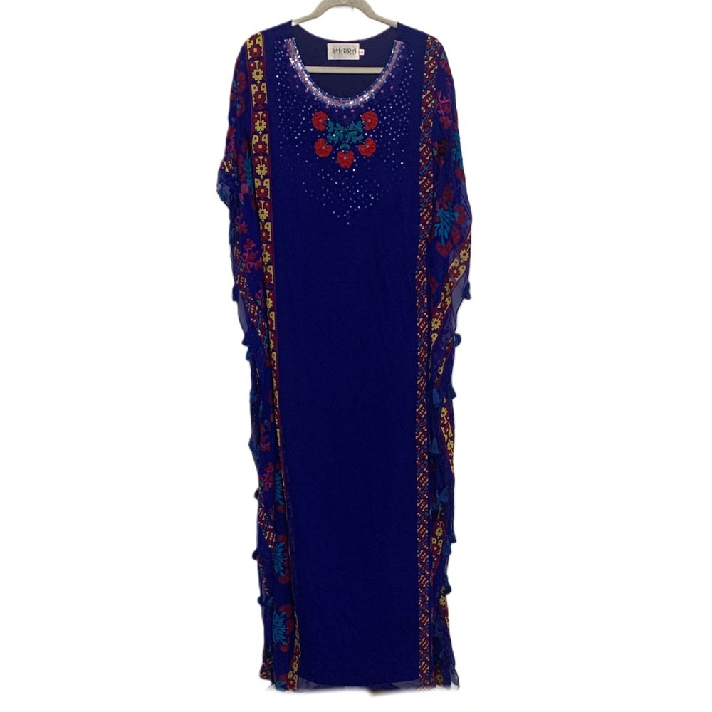 Shaira Blue Boho Embroidered Beaded Tassel Trim Kaftan Maxi Dress